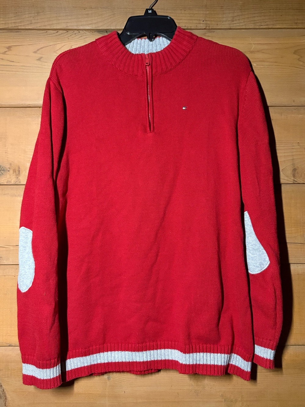 Tommy Hilfiger Red Quarter Zip Sweater- Size XL- Gray Elbow Patches Classic